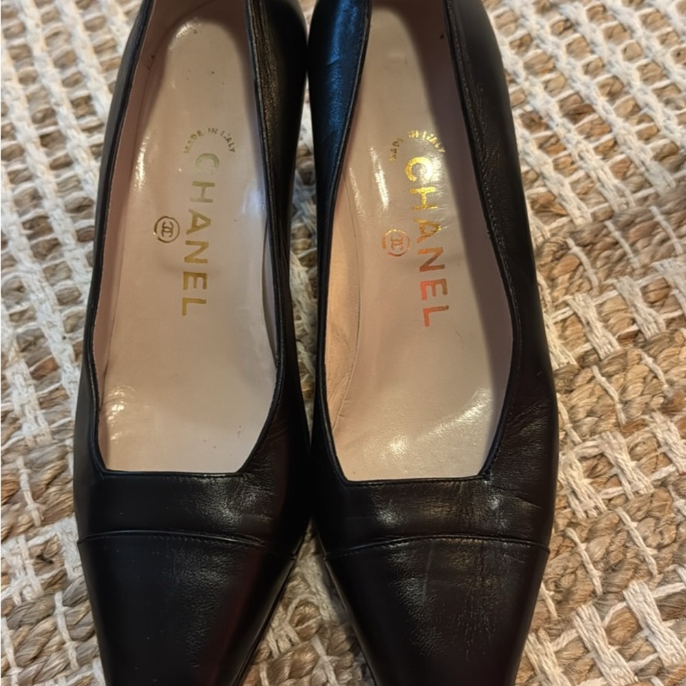 CHANEL Black Leather Heels with Cap Toe